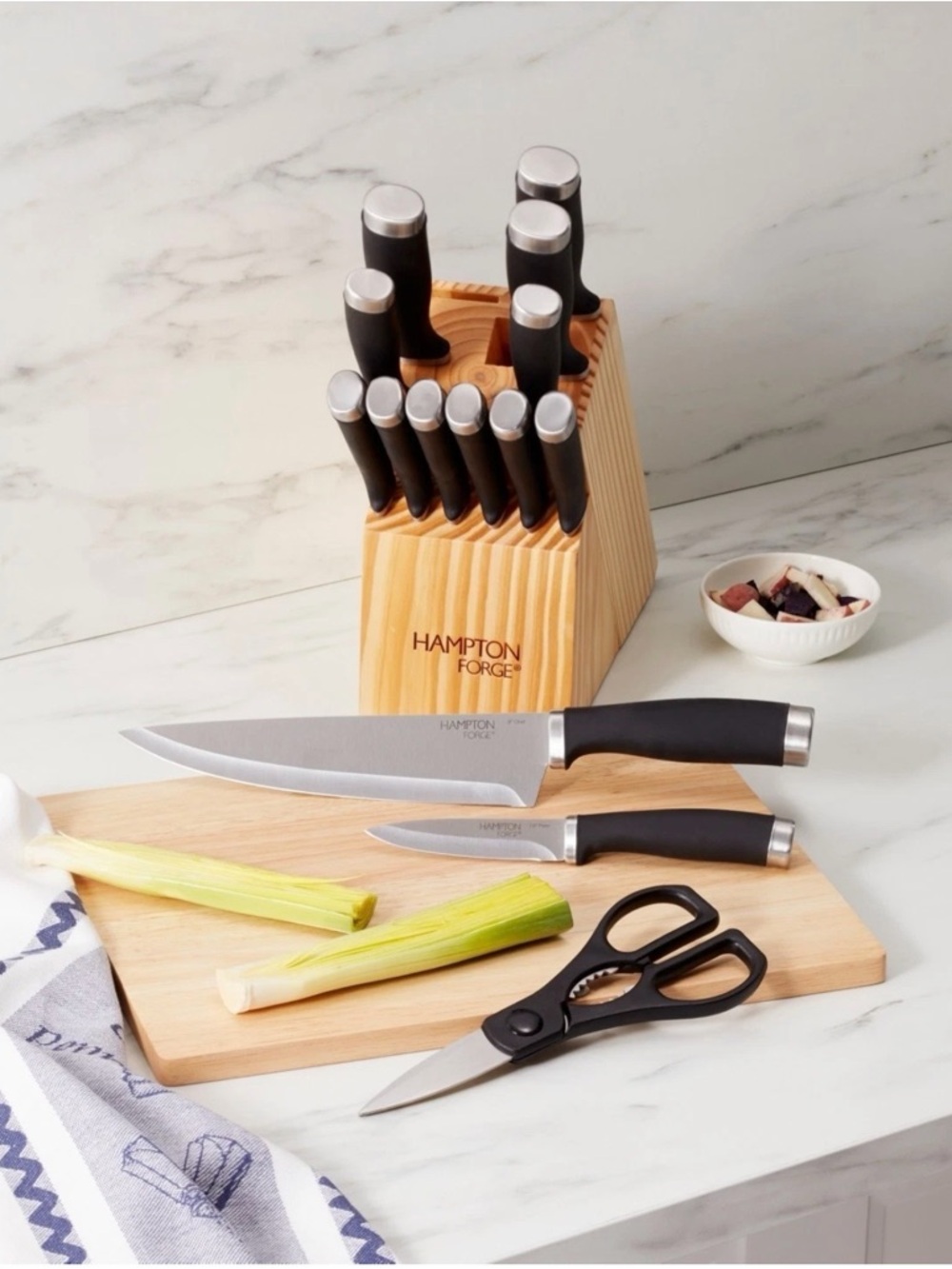 Hampton Forge 15 Piece Knife Block Set Stainless Steel Kitchen Cutlery